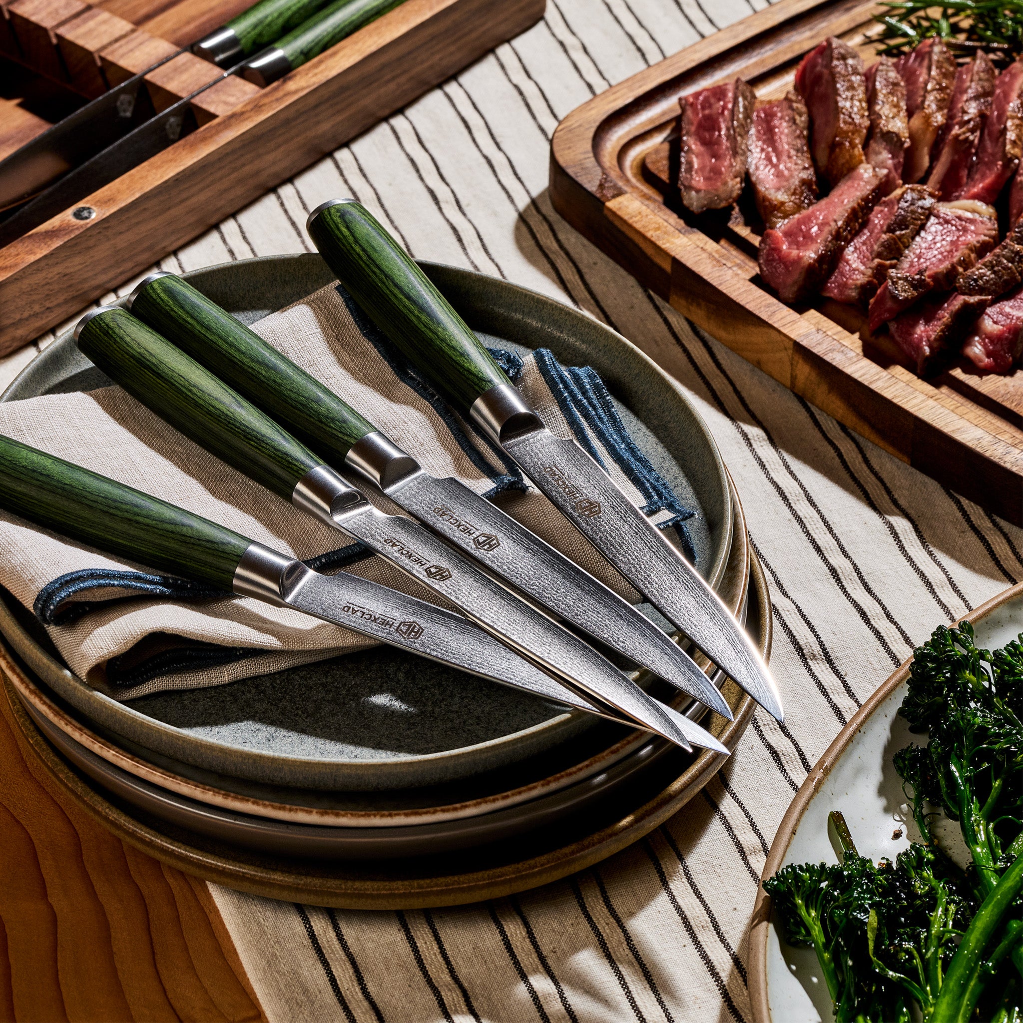 Damascus Steel Steak Knife Set. 8-pc (Green) - Image 2