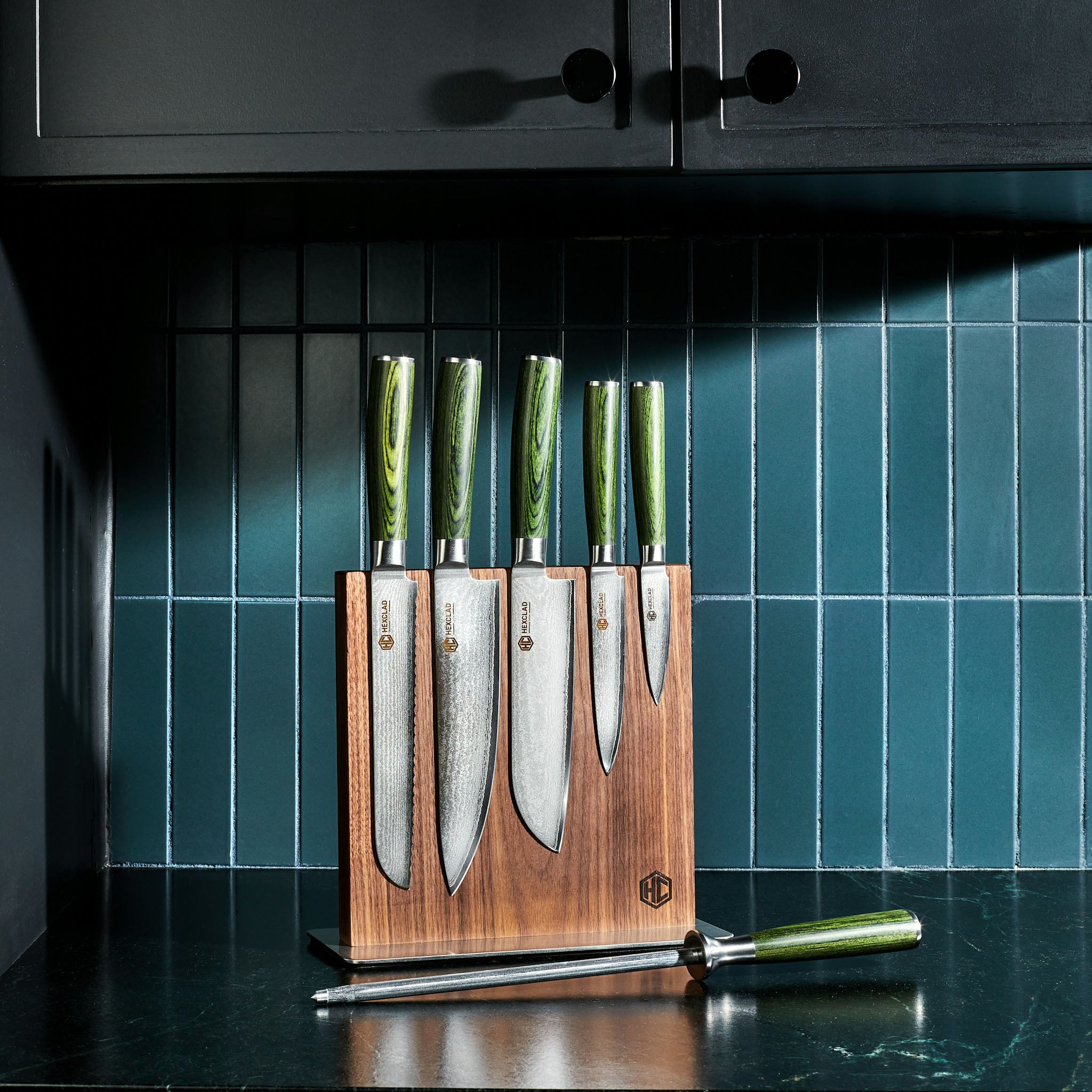 Damascus Steel Knife Set. 7-pc (Green) - Image 4