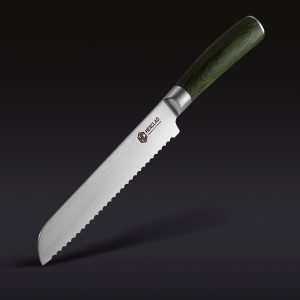 Damascus Steel Serrated Bread Knife. 8 (Green)