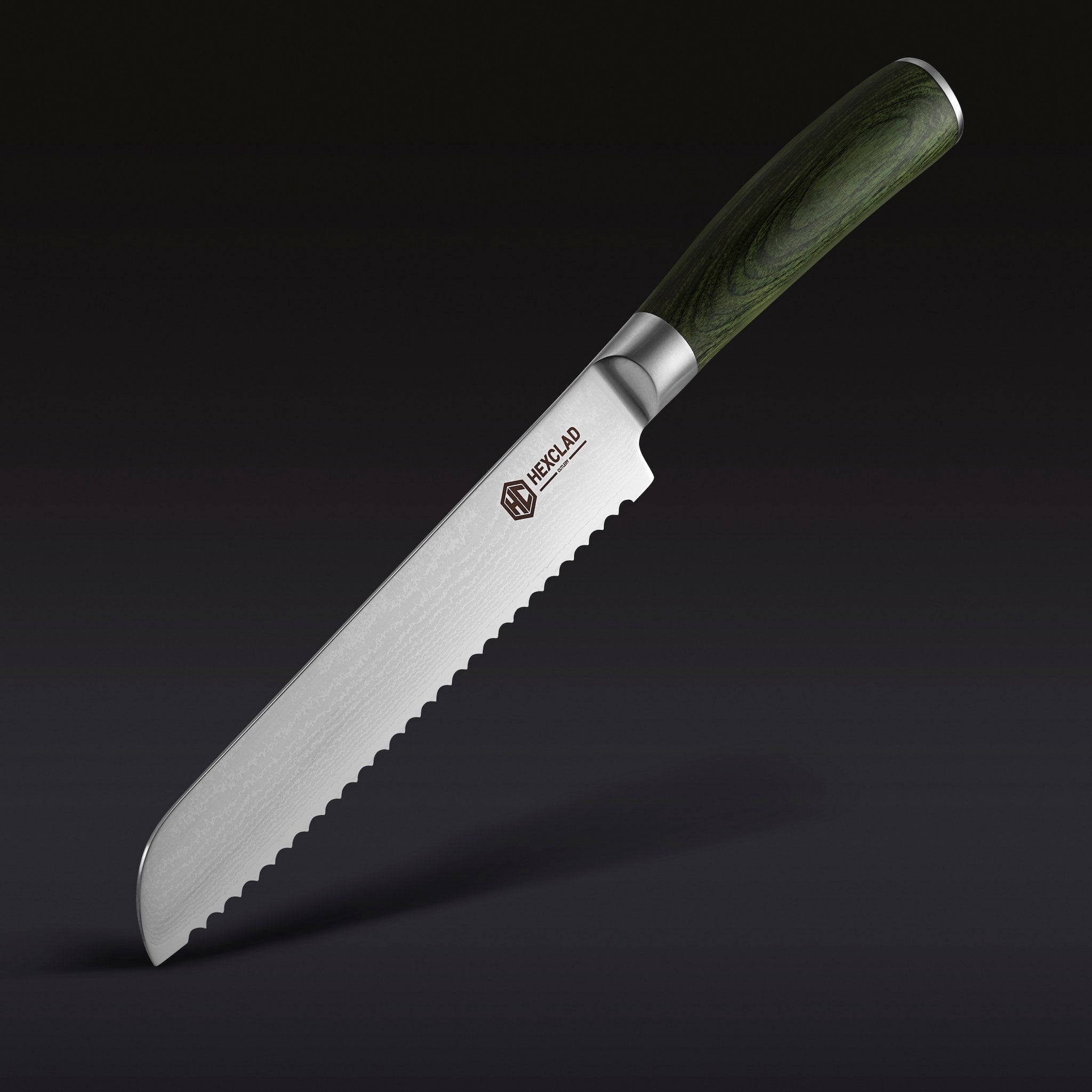 Damascus Steel Serrated Bread Knife. 8 (Green)